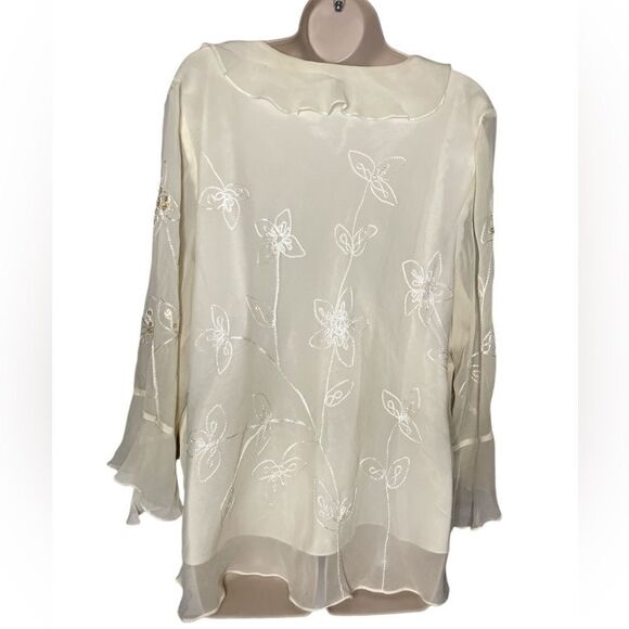 SILKLAND Beautiful 100% Silk Elegant Blouse Embroidery & Sequences Beige Ivory - Picture 2 of 4